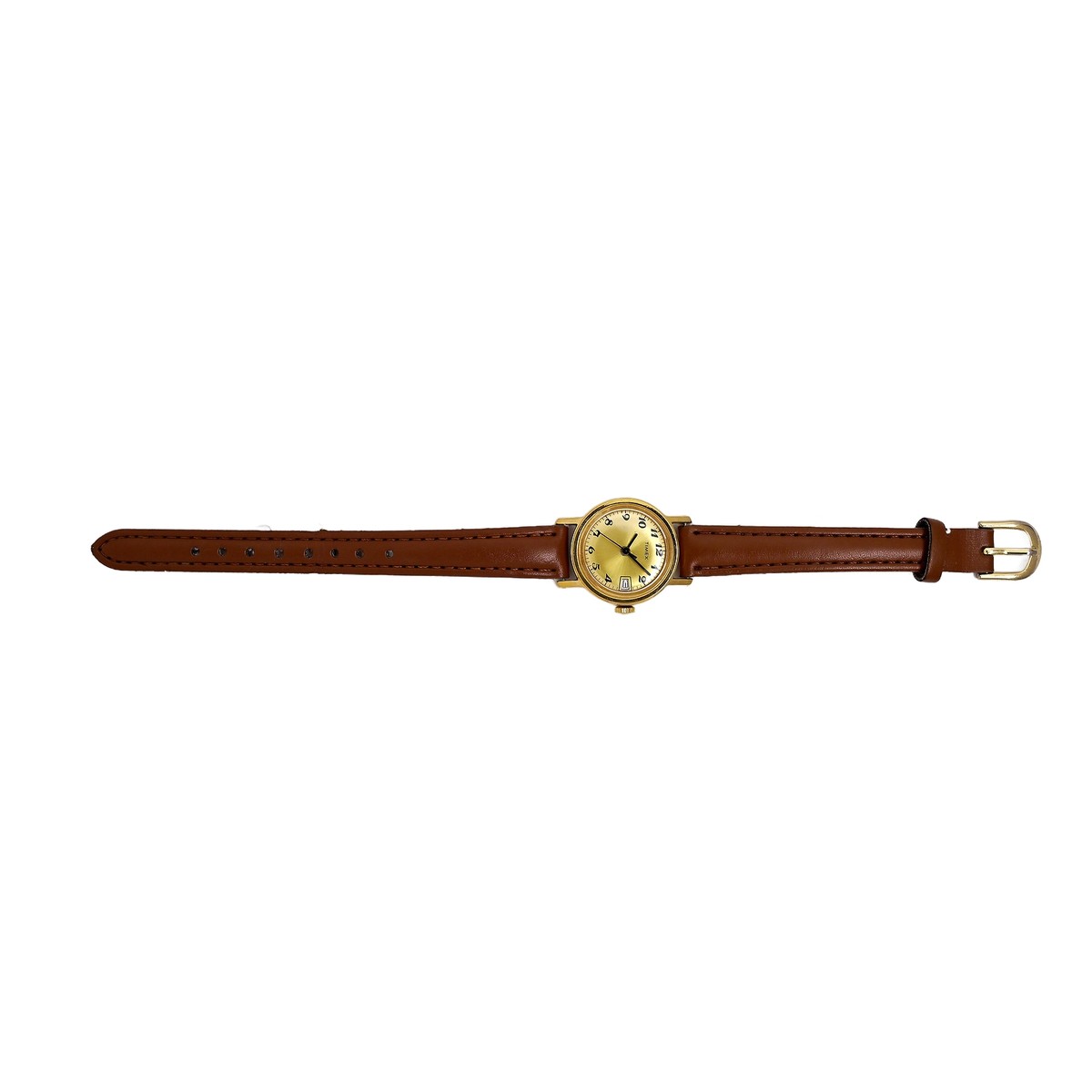 Timex Mechanical Date Watch Gold Tone Sunburst Dial Brown Strap Vintage 1970s Mens TIMEX vintage 1970 main image 4