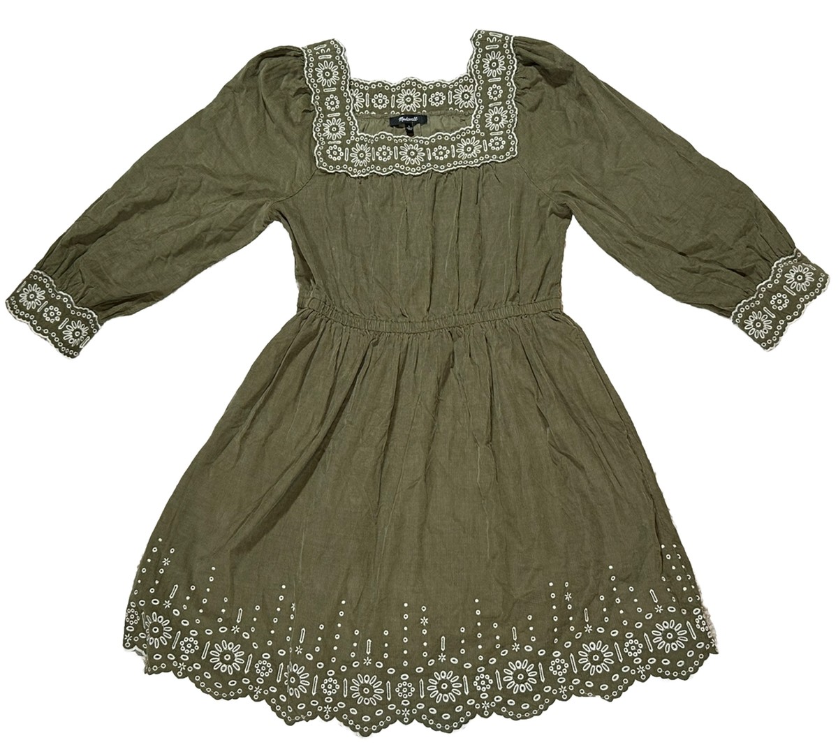 Madewell Embroidered Corduroy Square-Neck Mini Dress Green Size S NWT