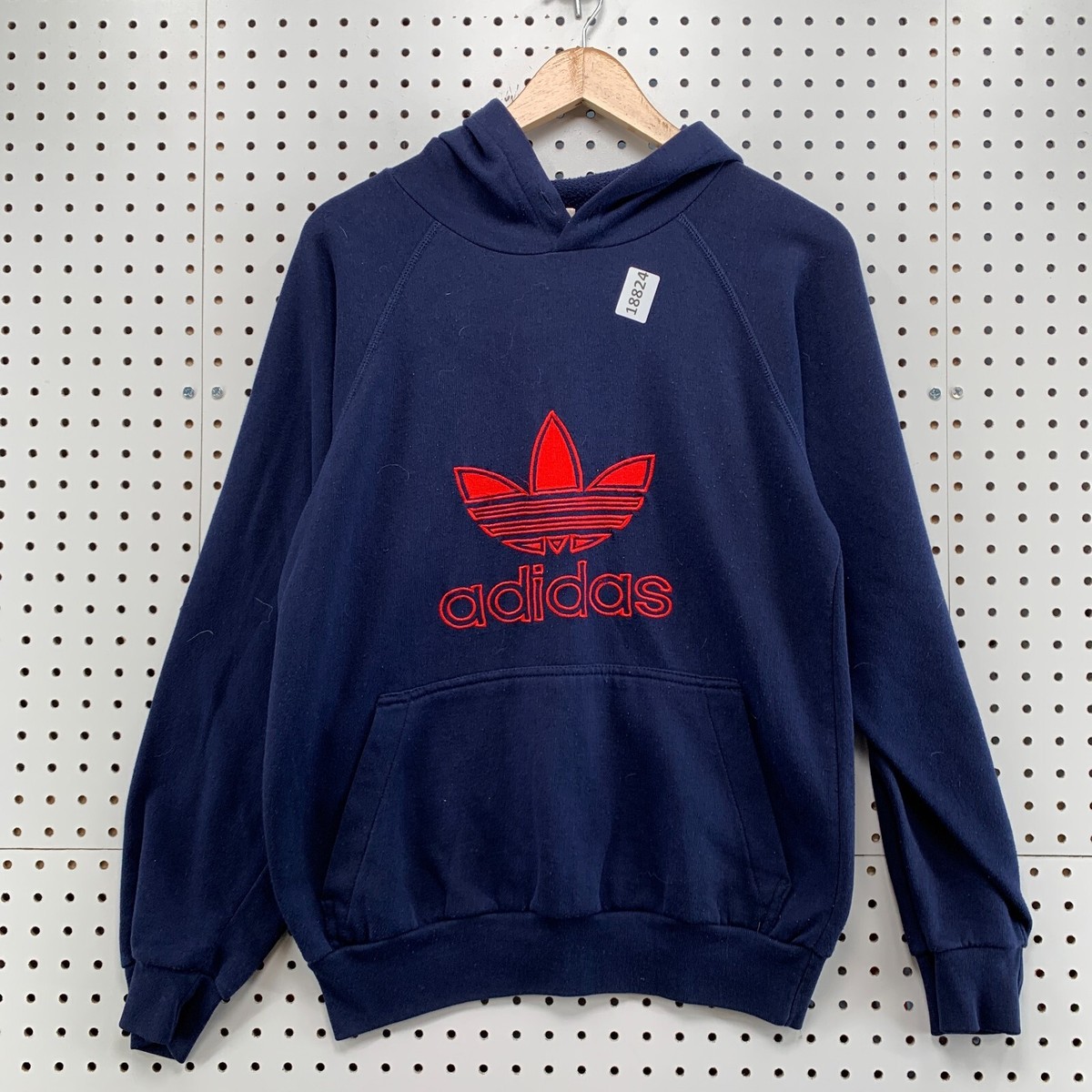 Vintage 80s Adidas Trefoil Hoodie Sweatshirt Navy Blue Red Logo
