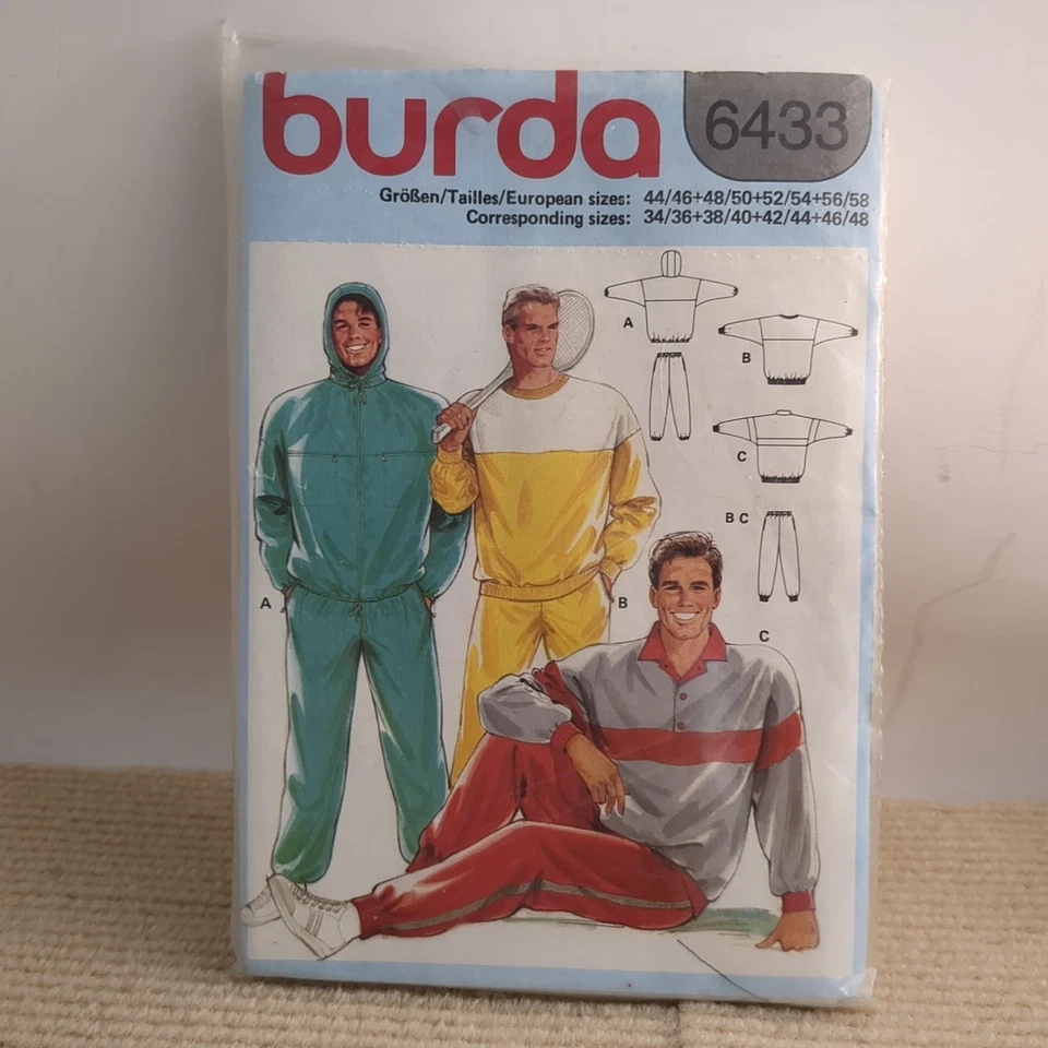 Burda 6433 Men's Sportswear Sweatshirt Pants Pattern VTG 1980s Sz 34-48 UNCUT - Image 4 of 4