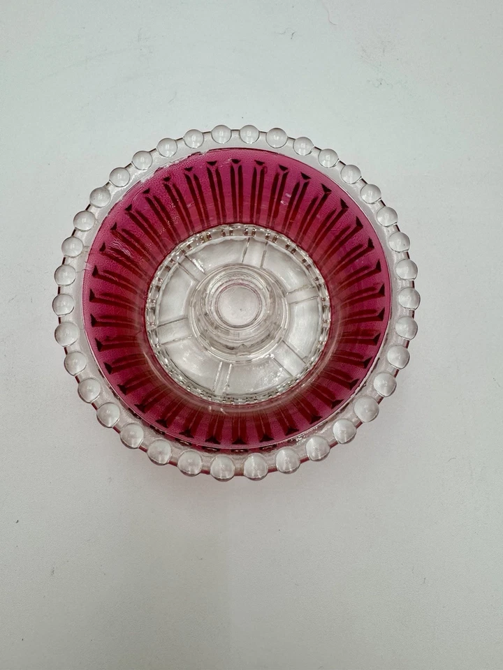 Vintage Ruby Red Glass Hurricane Candle Holder Beaded Clear Base 7.5" Tall - Image 4 of 4