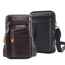 Men Genuine Leather Waist Pack Crossbody Phone Pouch Shoulder Belt Bag Black