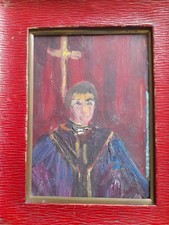 Ritratto religioso miniatura dipinto olio in pelle rossa lavorata cornice vittoriana 