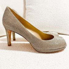Stuart Weitzman Gold Glitter Shimmer Metallic Open Toe Heeled Pumps sz 8
