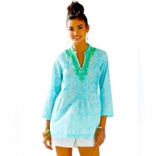 Lilly Pulitzer Long Sleeve Top Sarasota Beaded Tunic Sea Cups Shorely Blue L