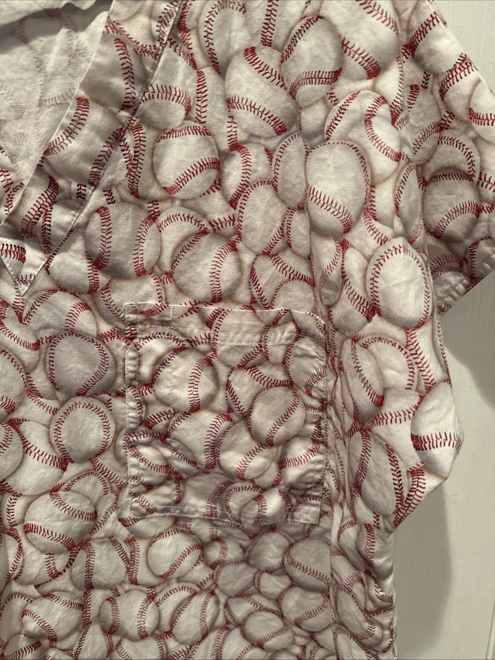 S.C.R.UB.S. Brand Scrubs Top Baseball Print Nurse Dr Uniform Top Size Large - Image 3 of 4