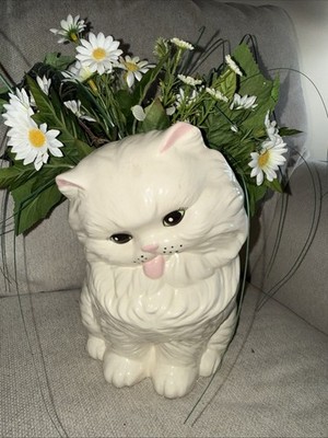 Vintage Persian Large White Ceramic Cat Sitting Statue Pink Nose 10''