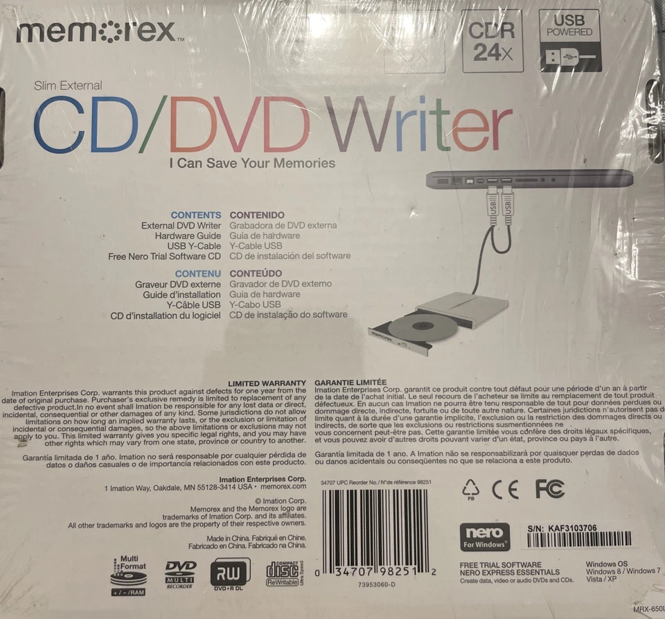 New In Box Memorex CD/DVD Writer 8X USB Slim External Writer Burner - Image 2 of 3