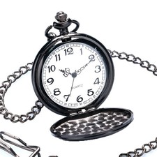 Black Quartz Pocket Watch with Removable Chain White Arabic Number Dial Gifts