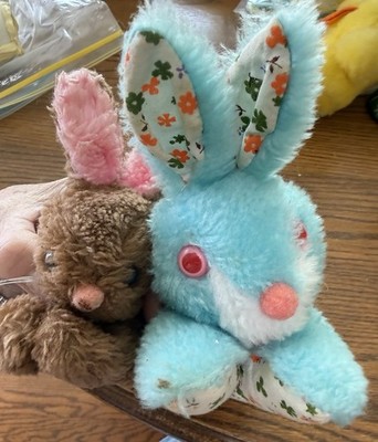 2 Vintage EASTER Stuffed Bunnies  Brown Russ  Blue 60's Creative Creation Korea