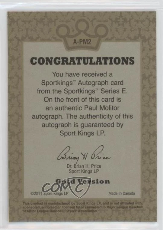 Sportkings Serie E 2012 automático dorado/10 Paul Molitor #A-PM2 automático patio Foto 2 de 2