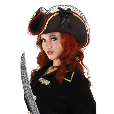 ELOPE LADY BUCCANEER HAT BLACK w/LACE, RED & GOLD TRIM PIRATE HAT  290450