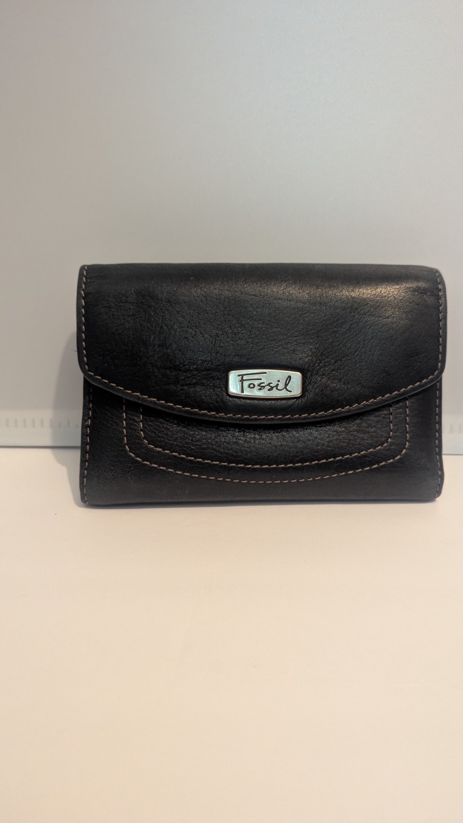 Fossil Women's Trifold Wallet Vintage Black Genuine Leather