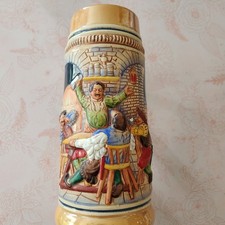 Vintage West Germany 10" Ceramic Beer Mug Stein Four Drunken Men at Table No lid