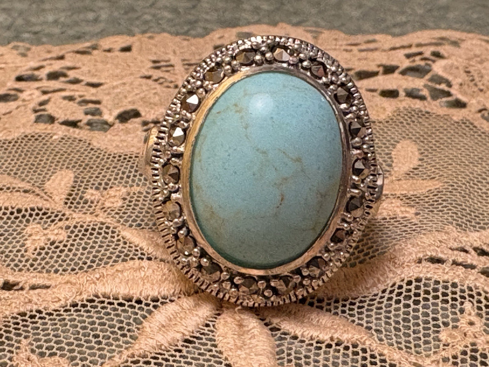 Solid Sterling Silver Natural Turquoise Marcasite… - image 4