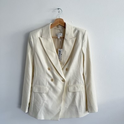 M&S X Sienna Miller elfenbeinfarbener zweireihiger maßgeschneiderter Blazer UK 10 Wollmischung neu mit Etikett