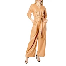 H Halston faux leather v neck belted One Piece Jumpsuit in Tan M