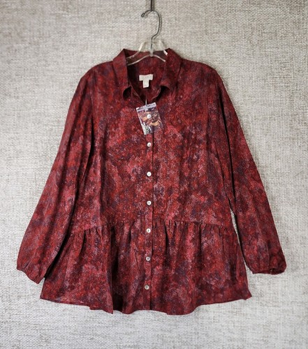 Logo Lori Goldstein Bluse Rüschensaum Damen S rot marmoriert Print Boho Neu ohne Etikett