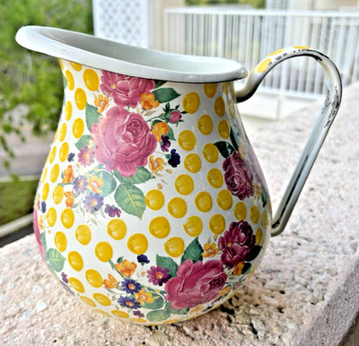 MacKenzie Childs Camp Ornate Yellow Roses Enamel Water Milk Pitcher