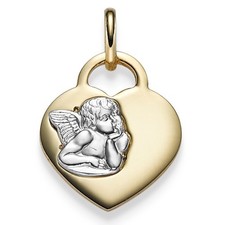 Ciondolo Cuore Di 585 Oro, Oro Giallo Con Angelo IN 585 Bianco 20x13, 3mm, Donna