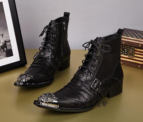 US5-12 Męskie czarne skórzane stalowe spiczaste sznurowane buty za kostkę punk buty motorowe - Zdjęcie 1 z 8