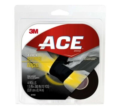 Sports Tape 3M ACE Brand, Firm, Supportive Comfort, Black, 1.5" x 360", 4 Rolls