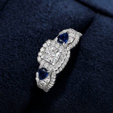 3 Stone Blue Sapphire Women Silver Ring Engagement Ring Sterling Silver