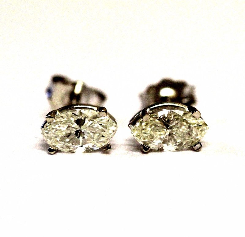 New 14k white gold SI1-3 J 1.05ct marquise diamond stud earrings 0.9g Natural