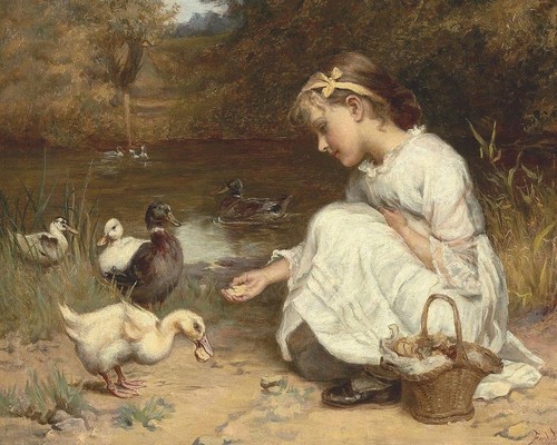 Handgefertigtes antikes Ölgemälde Altmeister-Kunst weibliches Mädchen Enten auf Leinwand 30"x40" - Bild 2 von 2