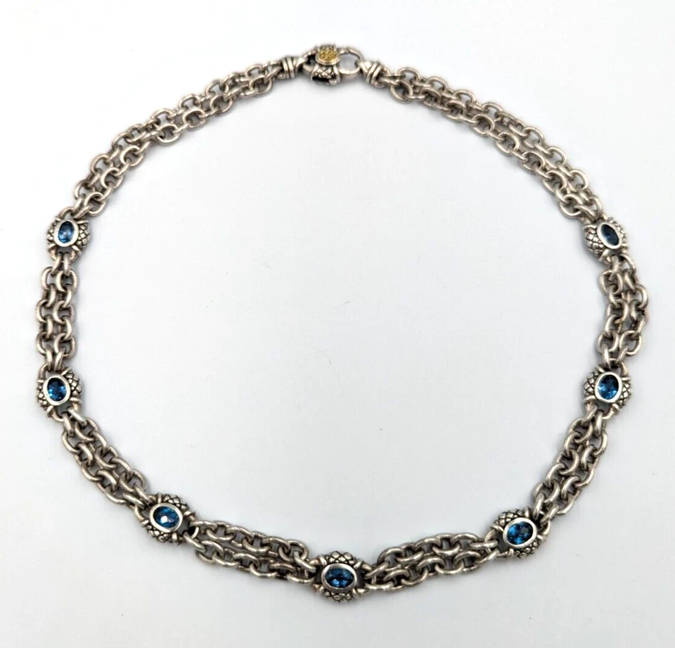 Scott Kay 925 Sterling Silver 18K Gold Accent Blue Topaz Stations Necklace 16" - Image 2 of 4