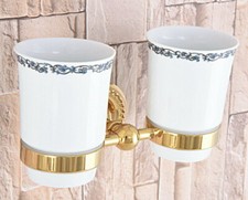 Golden Color Brass Wall Mounted Toothbrush Holder with Two Ceramic Cups 2ba597