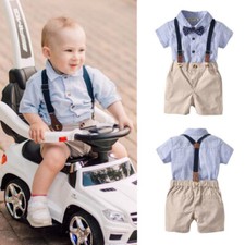Baby Boys Gentleman Outfit Bow Tie Short Sleeve Romper Shirt Suspender Trousers