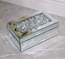 Silver Jewellery Box Mirror Crushed Jewel Crystal Diamante Glass