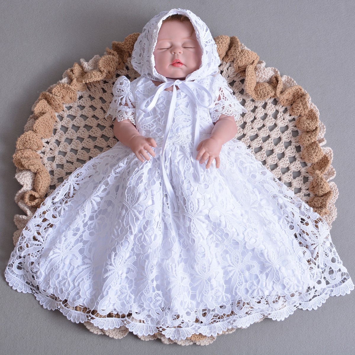 Baby Girls Lace Christening Gown Party Dress and Bonnet 12