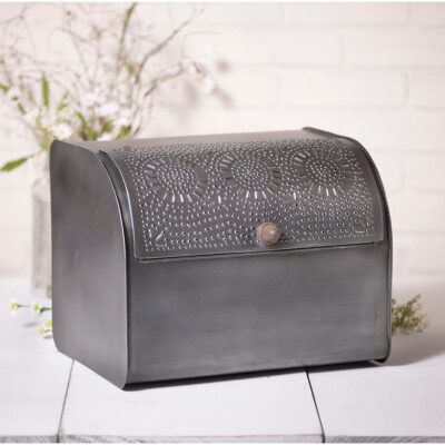 Metal Punched Tin Bread Box in Antique Tin by Irvins Country Tinware