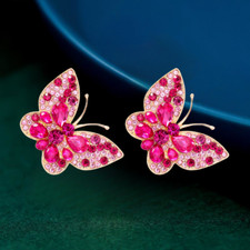 Rose Pink Crystal Rhinestone Butterfly Insect Stud Earrings