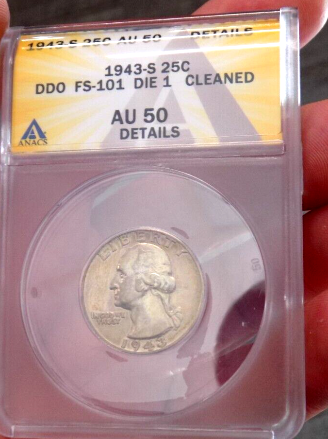 WASHINGTON QUARTER 1943 S DBLE DIE ANACS AU FS101 DIE 1 MAJOR