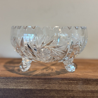 American Brilliant Period starburst pinwheel cut crystal 3 ferner footed bowl