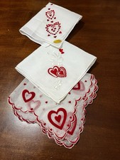 3 Vintage ladies hanky Valentine  s Day white with red hearts embroidered Flocked