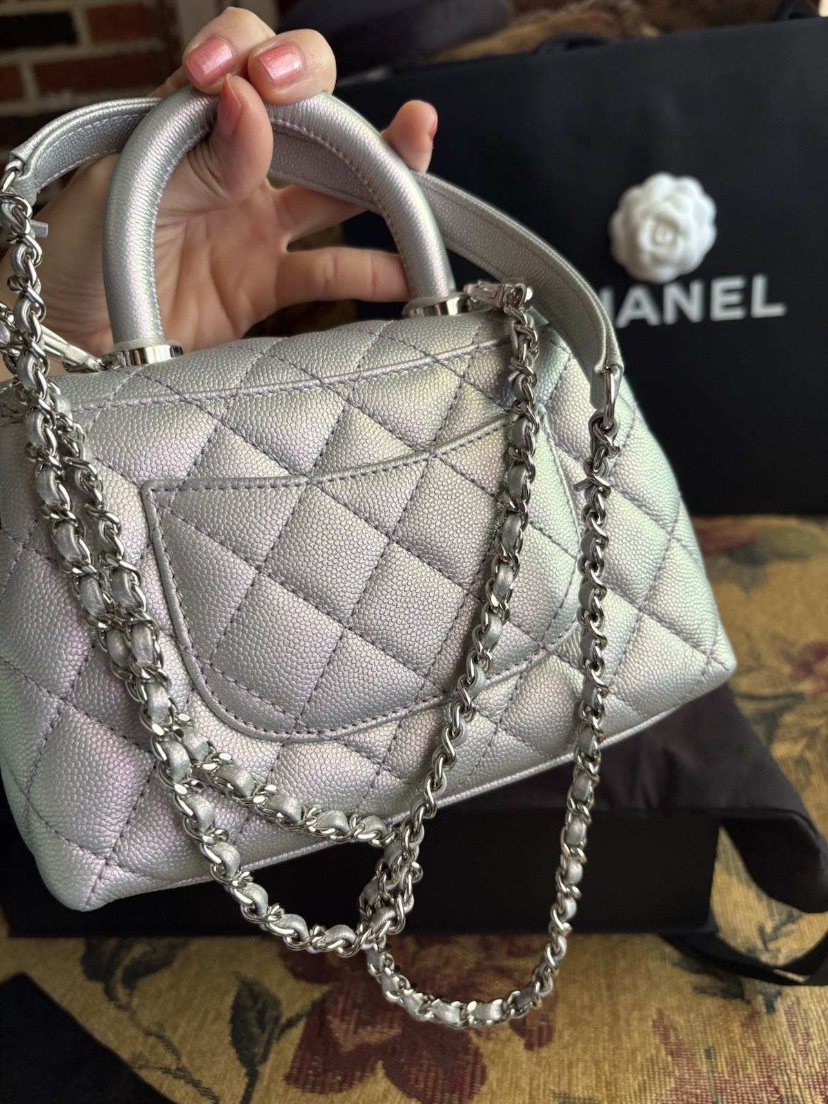Chanel Coco Handle Bag Extra Mini/mini iridescent purple caviar bag 7.25 inches image 8