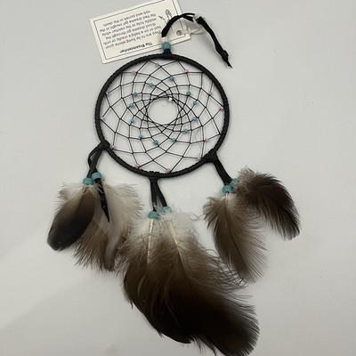 Native American Handmade Dream Catcher, 5'' Black Leather Glass Beads