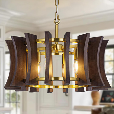 Wooden Rustic Pendant Light, Gold Farmhouse Chandelier, 4-Light Modern Light Fix