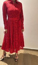 Carolina Herrera Red Floral Lace Midi Shirt Dress Long Sleeve Full A-Line Size 2