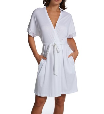 P-Jamas 347709 Pima Cotton Silky Ribs Short Wrap Robe with Lace
