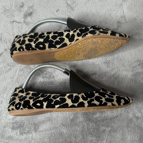 Gianni Bini Womens Flats 8.5M Black Gold Rhinestone Animal Print Pointed Toe