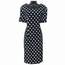 VTG 90s MIDI SHEATH PENCIL DRESS BLACK  WHITE RETRO POLKA DOT PINUP GACCINA M