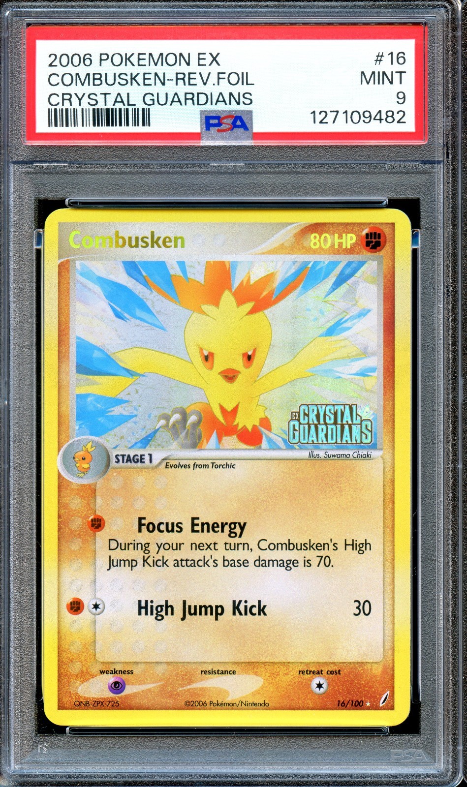 PSA 9 Combusken 16/100 Reverse Foil Stamped Crystal Guardians Pokemon Card MINT