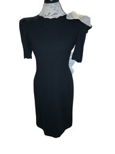 Vintage 80's Carolina Herrera Dynasty Black 100% Wool Scalloped Bow Sheath Dress