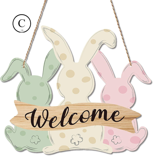 Easter Decorations Door Sign,Wooden Cute Bunny Welcome Three color welcome