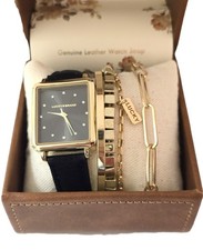 SET OF 5 PCS LUCKY BRAND GOLD,BLACK LEATHER WATCH,BEADED CHAIN BANGLE BRACELET